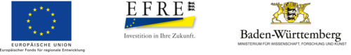Das Bild enthält die Logos der Europäischen Union, des Europäischen Fonds für regionale Entwicklung (EFRE) und des Ministeriums für Wissenschaft, Forschung und Kunst des Landes Baden-Württemberg. Das EU-Logo zeigt eine blaue Flagge mit gelben Sternen. Das EFRE-Logo zeigt eine gelbe und blaue Flagge mit dem Slogan „Investition in Ihre Zukunft“. Das Logo von Baden-Württemberg zeigt das Wappen des Bundeslandes mit verschiedenen heraldischen Elementen.