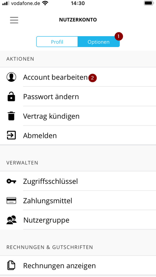 "Profil" und "Optionen". Es gibt mehrere Aktionen aufgeführt, darunter "Account bearbeiten", "Passwort ändern", "Vertrag kündigen" und "Abmelden". In der Verwalten-Sektion gibt es Optionen für "Zugriffsschlüssel", "Zahlungsmittel" und "Nutzergruppe". Schließlich gibt es eine Kategorie für "Rechnungen & Gutschriften", die die Option "Rechnungen anzeigen" enthält.