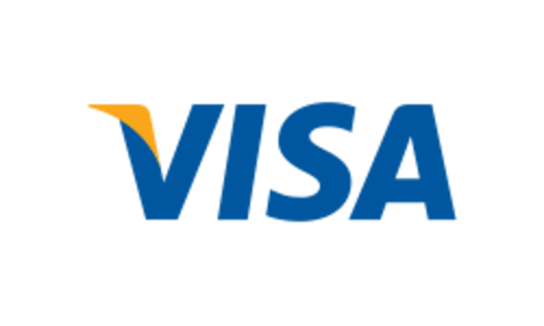 Ein Logo der Visa, das den Schriftzug "VISA" in blauer Schriftart mit einem orangefarbenen Schrägstrich enthält.