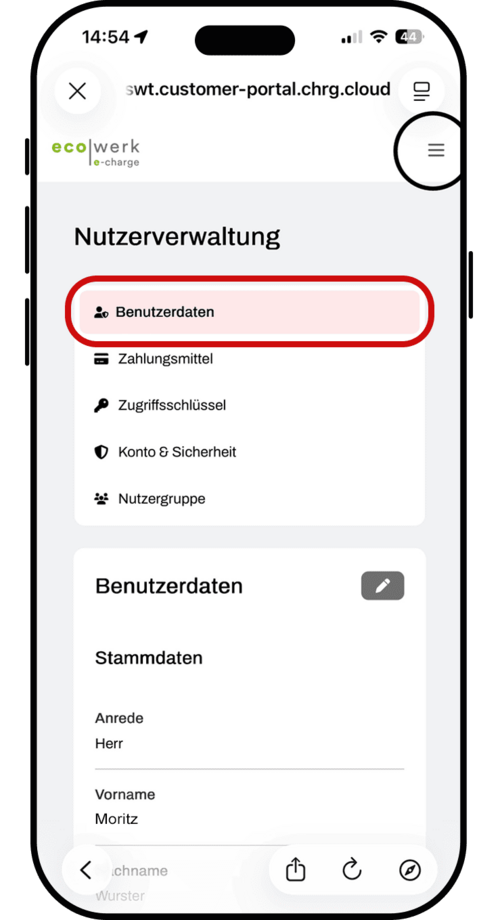 "Profil" und "Optionen". Es gibt mehrere Aktionen aufgeführt, darunter "Account bearbeiten", "Passwort ändern", "Vertrag kündigen" und "Abmelden". In der Verwalten-Sektion gibt es Optionen für "Zugriffsschlüssel", "Zahlungsmittel" und "Nutzergruppe". Schließlich gibt es eine Kategorie für "Rechnungen & Gutschriften", die die Option "Rechnungen anzeigen" enthält.