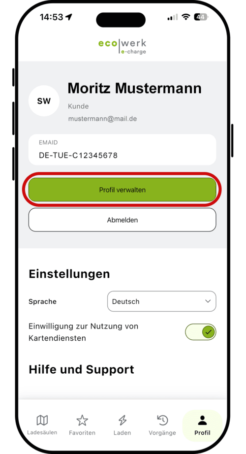 "Nutzerkonto", "Ladestationen", "Ladetarife & Preise", "Favoriten", "Direkt Laden", "Meine Ladevorgänge", "Feedback", "Einstellungen", "Impressum" und "Datenschutz". Rechts sind zusätzliche Aktionen wie "Zahlung", "Rechnung" und "Nutzer".