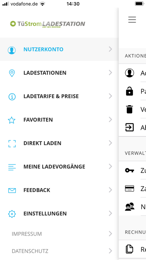 "Nutzerkonto", "Ladestationen", "Ladetarife & Preise", "Favoriten", "Direkt Laden", "Meine Ladevorgänge", "Feedback", "Einstellungen", "Impressum" und "Datenschutz". Rechts sind zusätzliche Aktionen wie "Zahlung", "Rechnung" und "Nutzer".